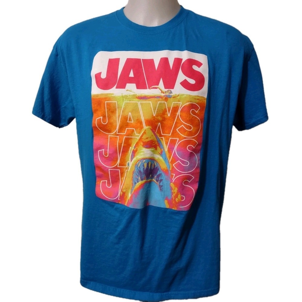 Jaws T-Shirt Men's Size XL Blue  Movie‎ Poster Graphic Tee  Shark Attack  Cotton